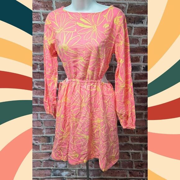 Universal Thread Pink Floral Mini Dress XS Linen Blend Balloon Sleeve Cutout - Picture 1 of 6